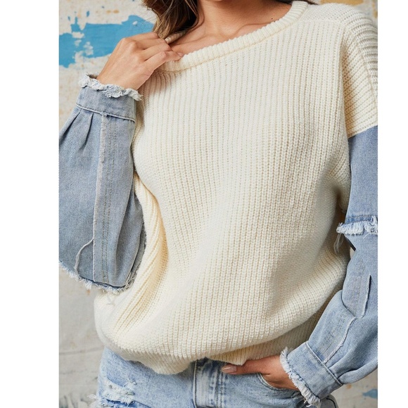 Western Light Wash Frayed Color Block Denim Jean Sweater - Picture 6 of 7